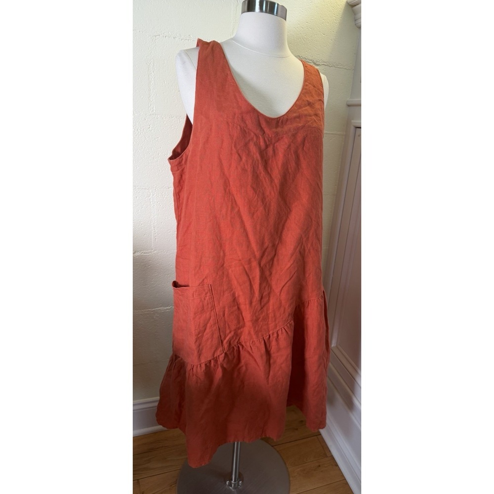 Garnet Hill 100% Linen Sleeveless Dress Size 16 Coral Orange Ruffle Hem Pocket